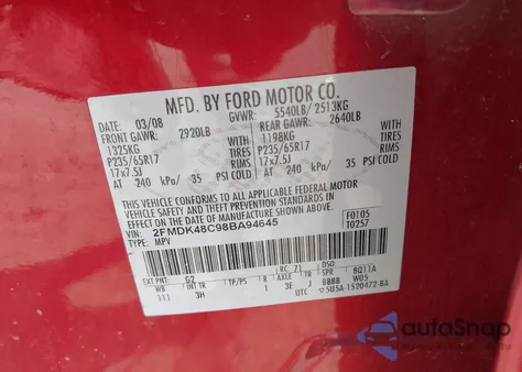 2008 Ford Edge Sel из США, поврежденный, VIN 2FMDK48C98BA94645